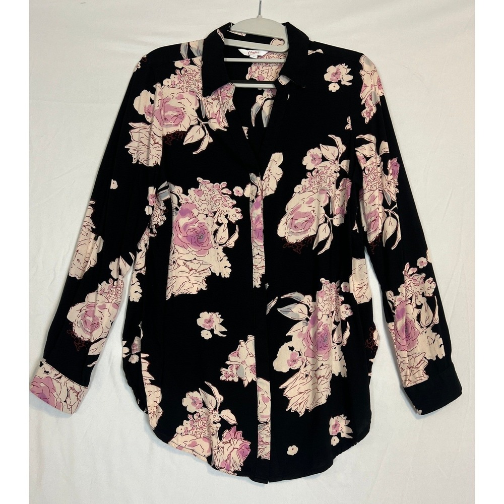 Candie's Black Floral Button Down Tunic Roll Tab Sleeve Shirt Pink Purple Medium